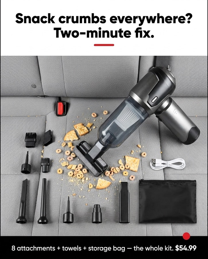 Kit attachments next to snack crumbs on a seat
