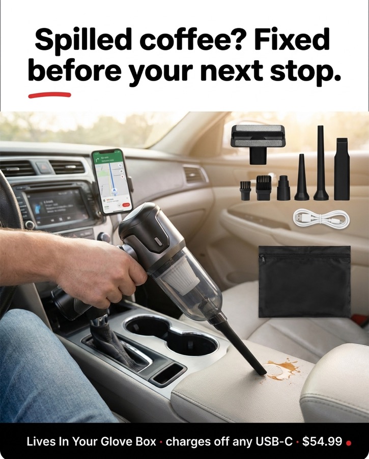 Vacuuming a coffee spill from a center console